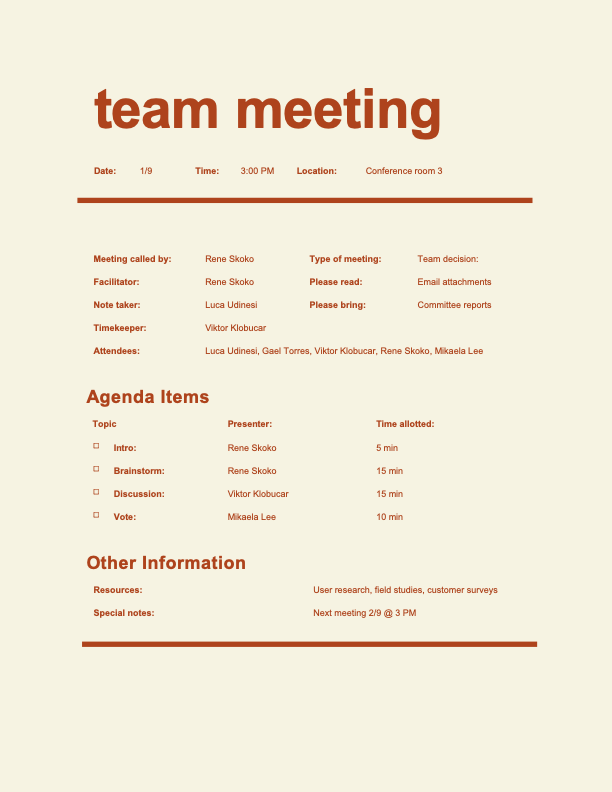 Team meeting agenda informal